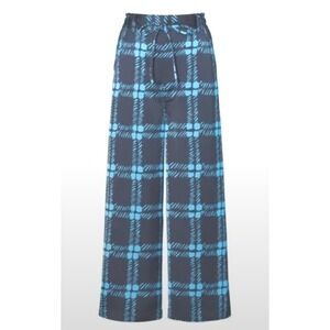 Marni x Uniqlo Drape Relaxed Wide Leg Plaid Pants Blue Turquoise XL Elastic Wais